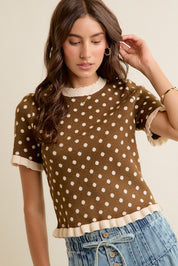 Dot Matrix Ruffle Trim Knit Top - Brown Ivory