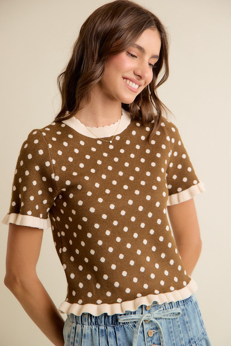 Dot Matrix Ruffle Trim Knit Top - Brown Ivory