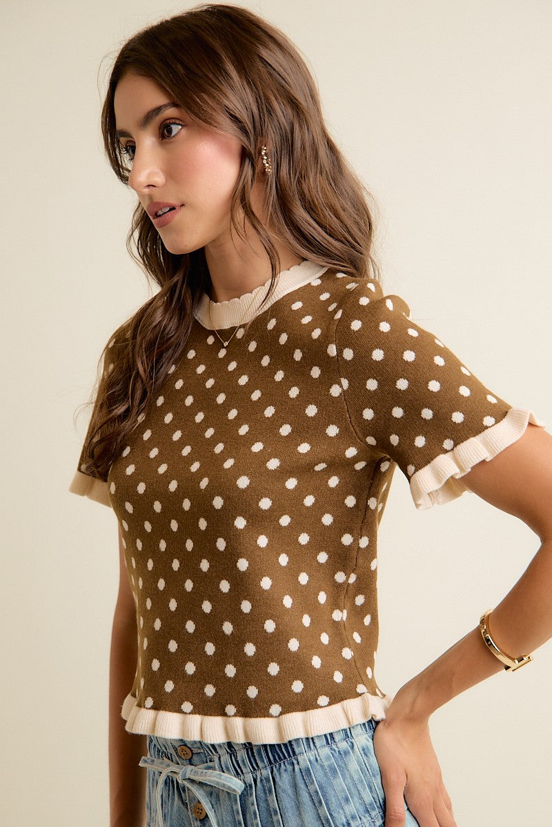 Dot Matrix Ruffle Trim Knit Top - Brown Ivory