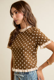 Dot Matrix Ruffle Trim Knit Top - Brown Ivory