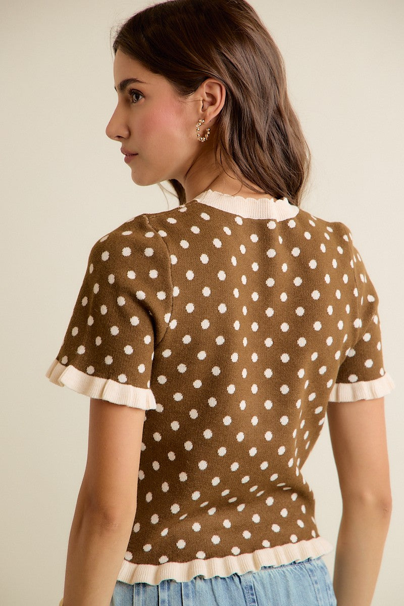 Dot Matrix Ruffle Trim Knit Top - Brown Ivory