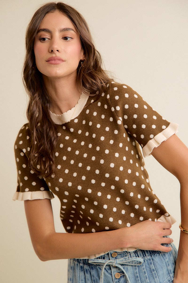 Dot Matrix Ruffle Trim Knit Top - Brown Ivory