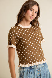 Dot Matrix Ruffle Trim Knit Top - Brown Ivory