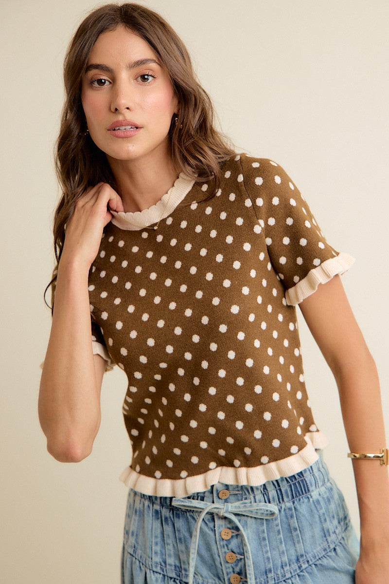 Dot Matrix Ruffle Trim Knit Top - Brown Ivory