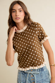 Dot Matrix Ruffle Trim Knit Top - Brown Ivory