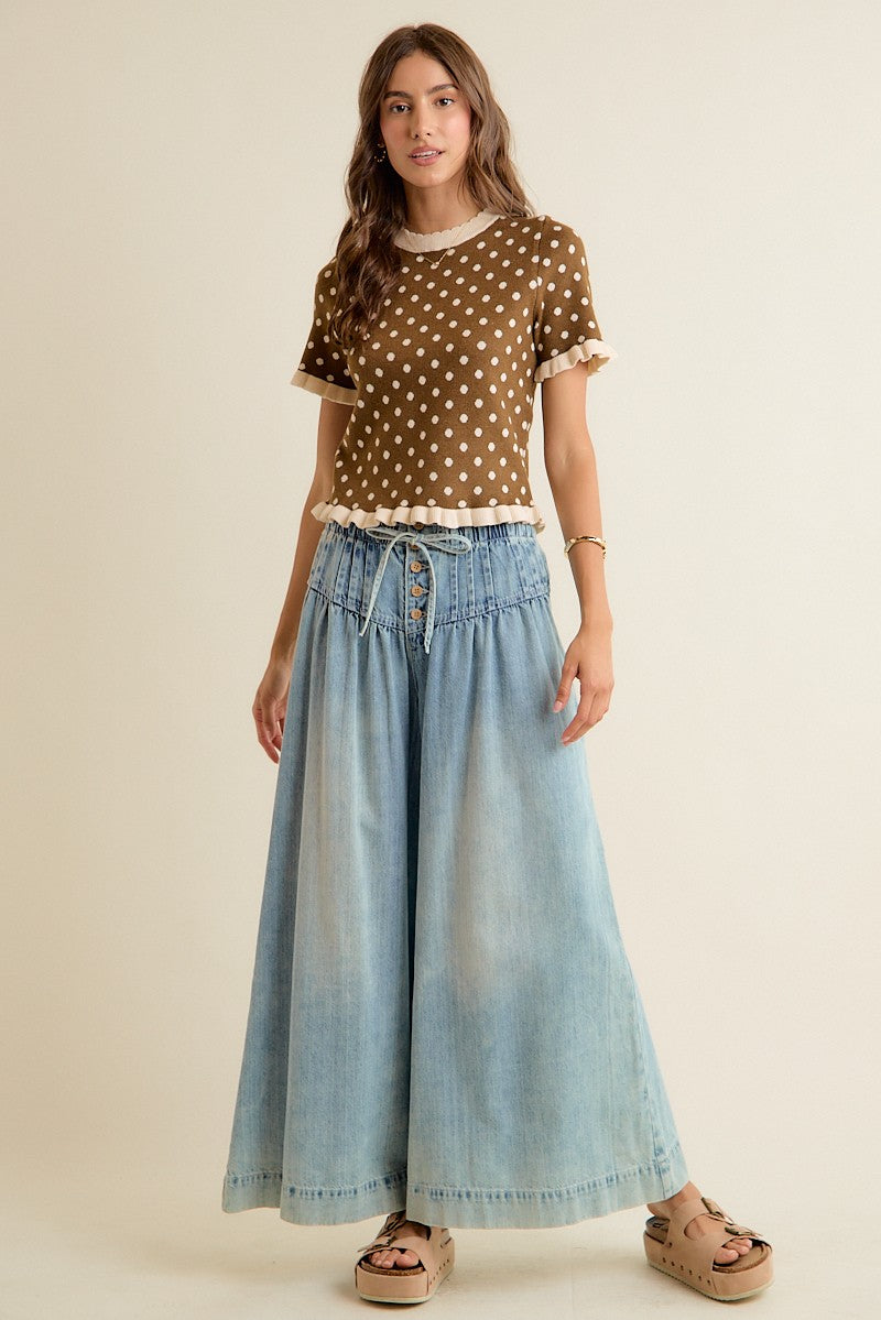 Dot Matrix Ruffle Trim Knit Top - Brown Ivory