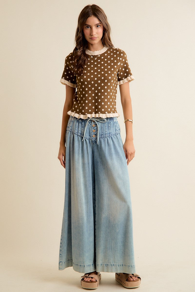 Dot Matrix Ruffle Trim Knit Top - Brown Ivory