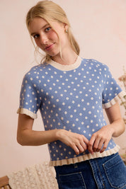 Dot Matrix Ruffle Trim Knit Top - Dusty Blue Ivory
