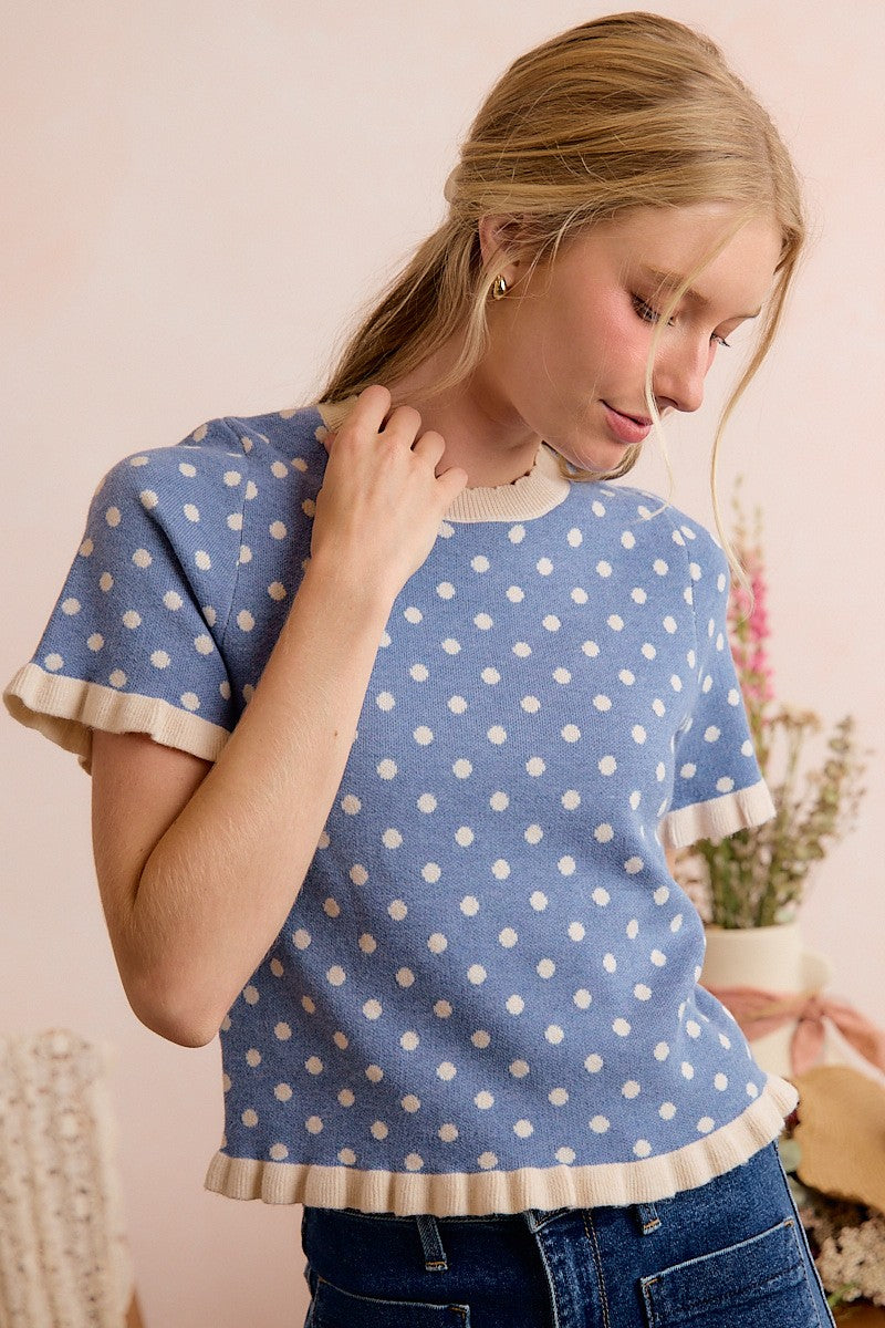 Dot Matrix Ruffle Trim Knit Top - Dusty Blue Ivory