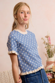 Dot Matrix Ruffle Trim Knit Top - Dusty Blue Ivory