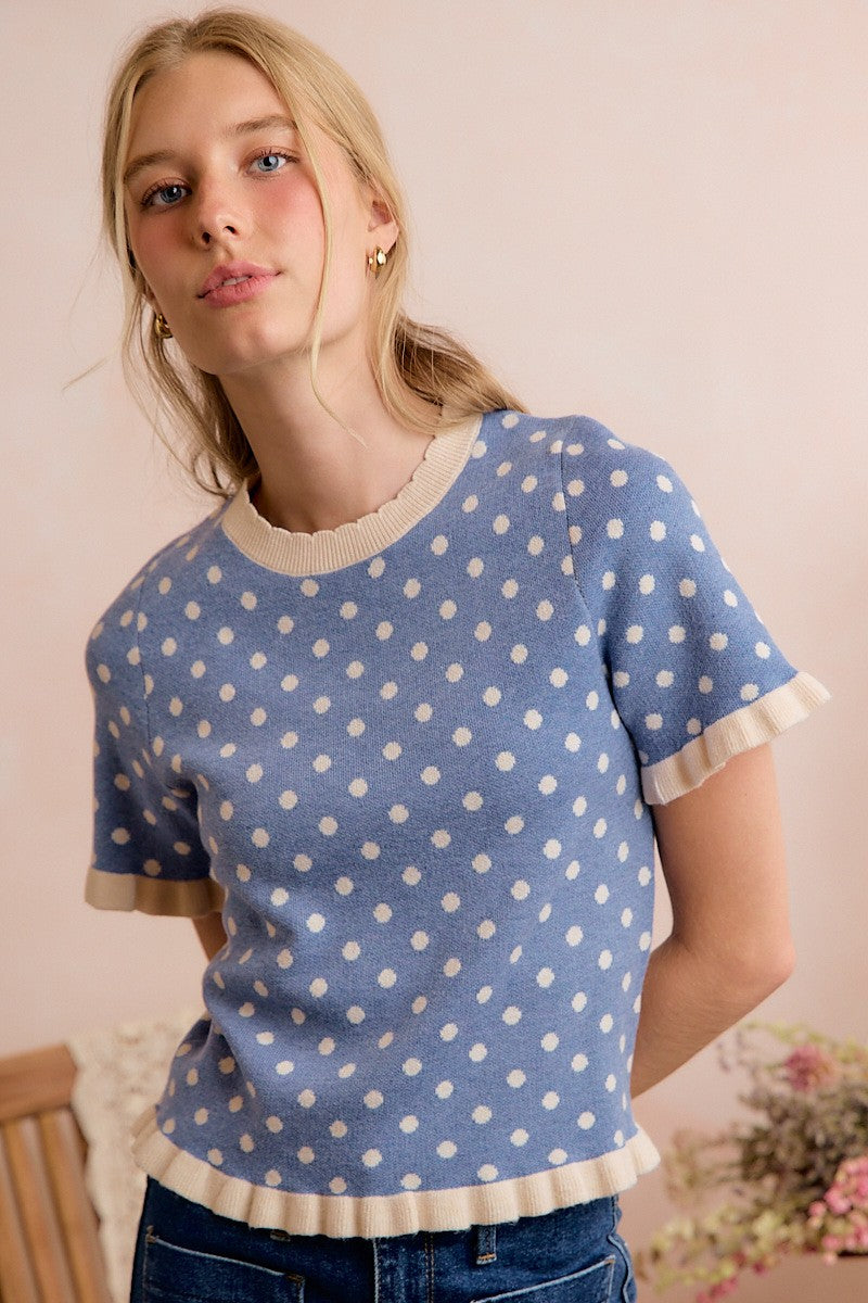 Dot Matrix Ruffle Trim Knit Top - Dusty Blue Ivory