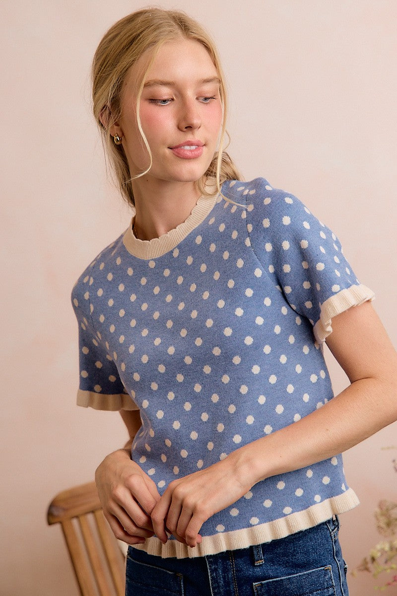 Dot Matrix Ruffle Trim Knit Top - Dusty Blue Ivory