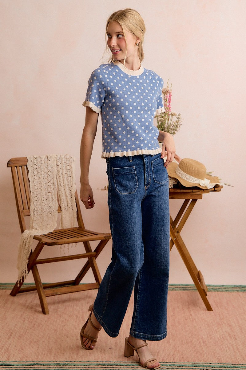 Dot Matrix Ruffle Trim Knit Top - Dusty Blue Ivory