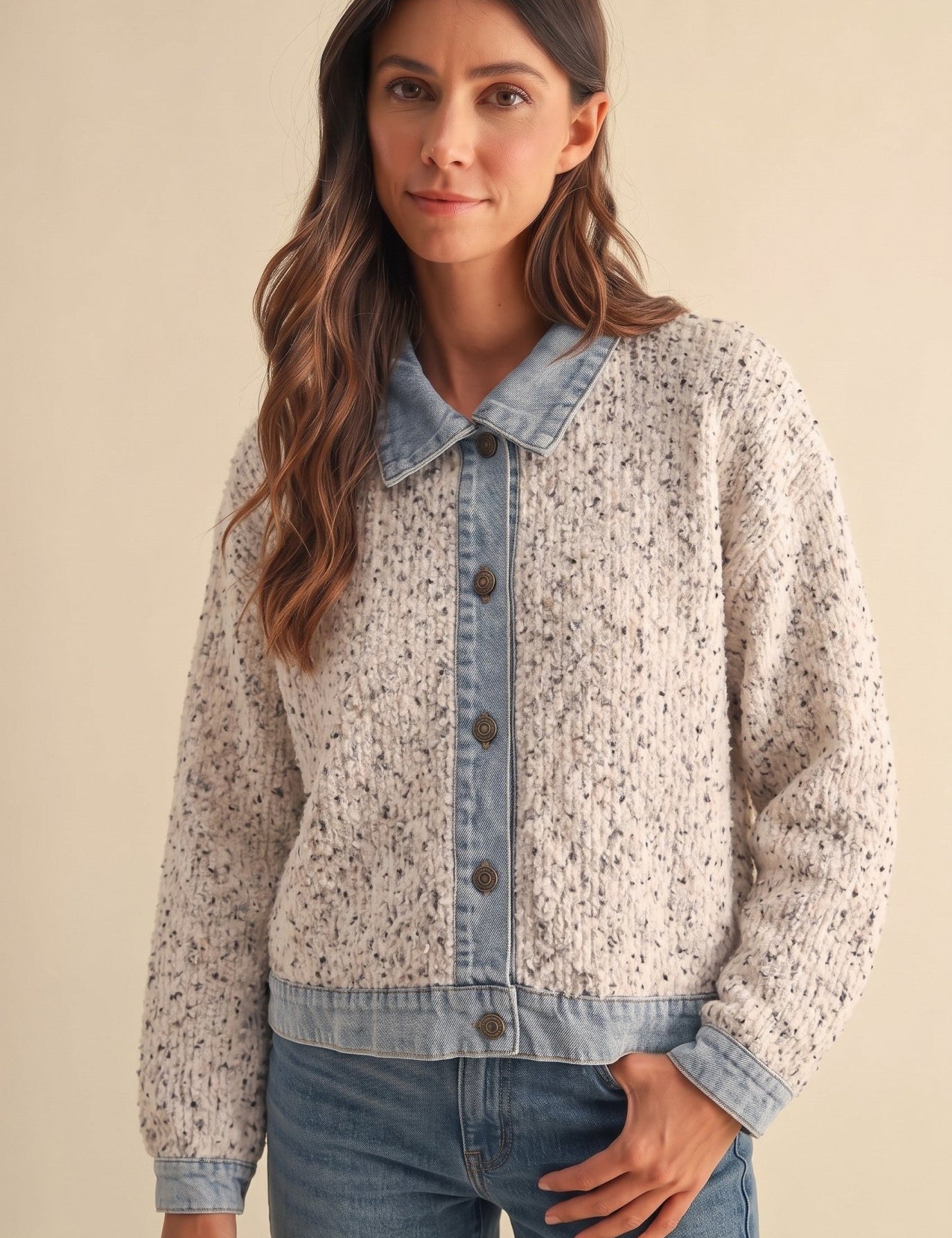 Double Exposure Denim Trim Sweater Jacket - Westly