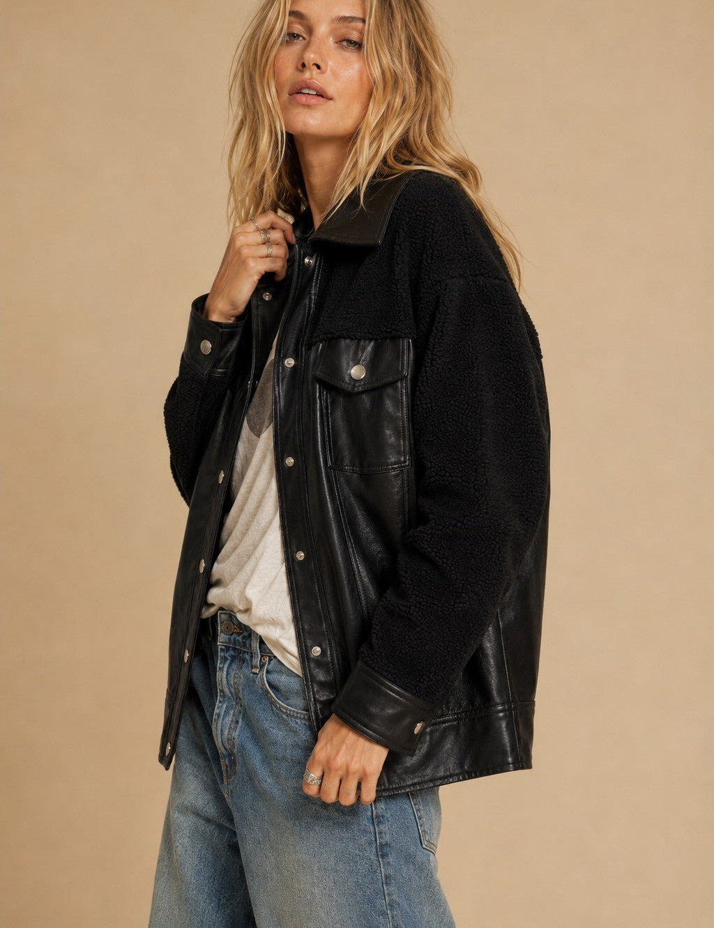 Double Feature Faux Leather Sherpa Shacket - Westly