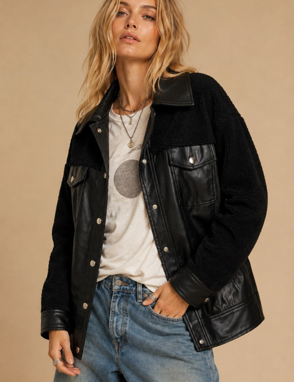 Double Feature Faux Leather Sherpa Shacket - Westly