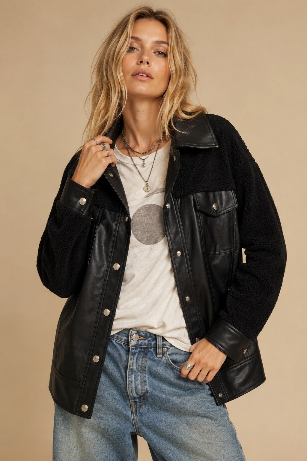 Double Feature Faux Leather Sherpa Shacket - Westly