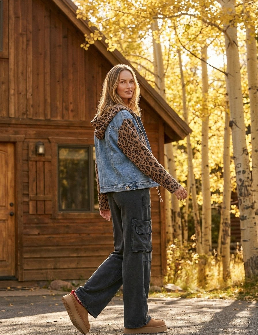 Double-Take Animal Print Hooded Denim Vest - Westly