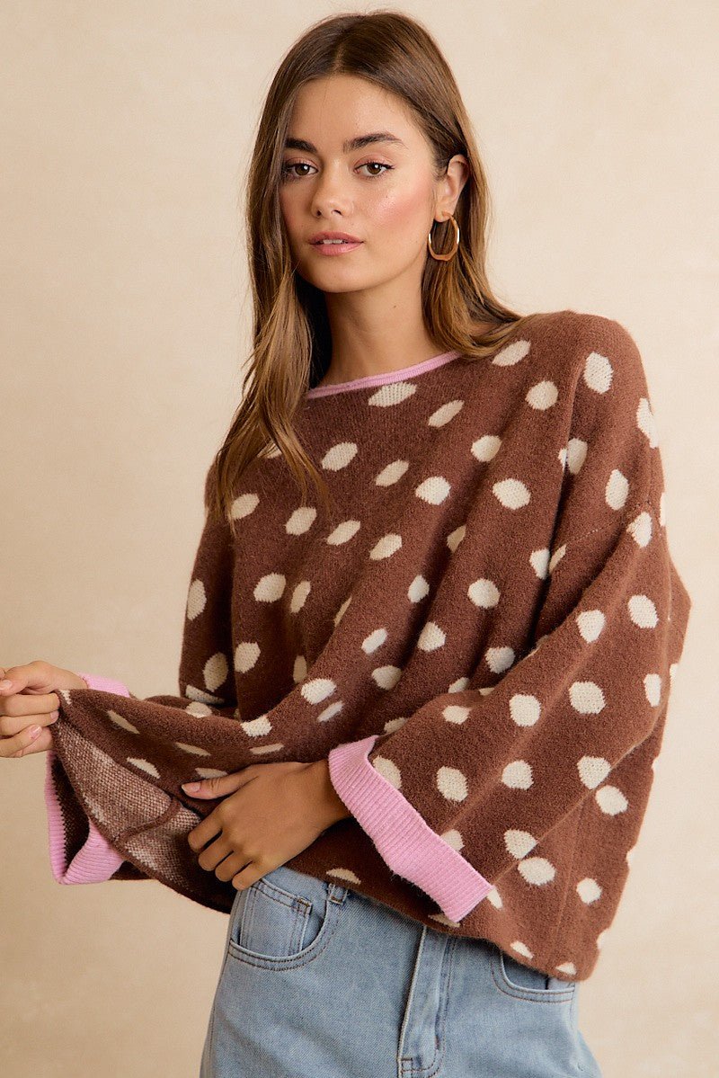 Double Take Contrast Trim Polka Dot Sweater - Westly