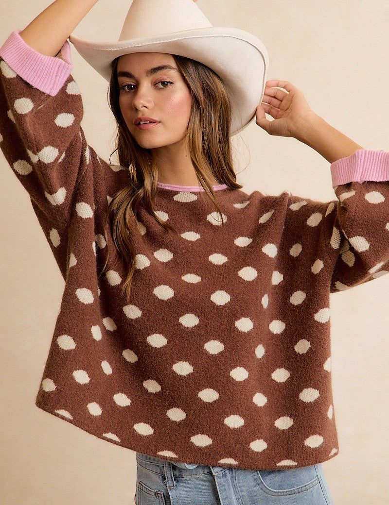 Double Take Contrast Trim Polka Dot Sweater - Westly