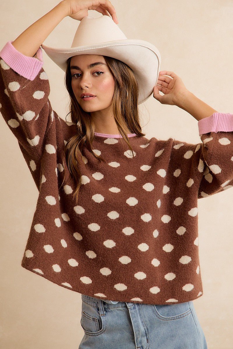 Double Take Contrast Trim Polka Dot Sweater - Westly
