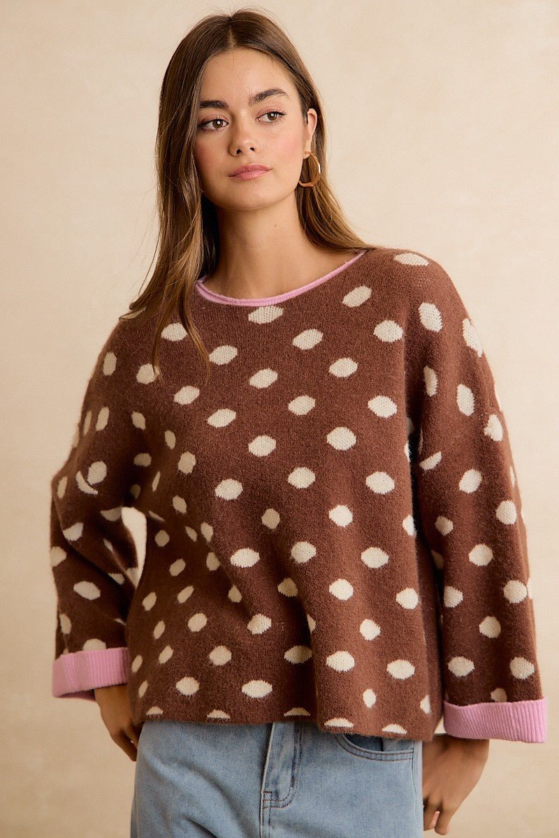 Double Take Contrast Trim Polka Dot Sweater - Westly