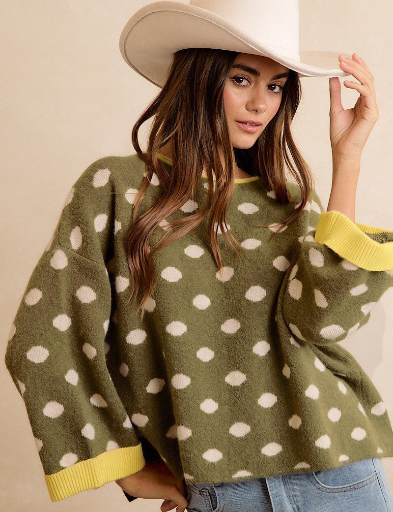 Double Take Contrast Trim Polka Dot Sweater - Westly