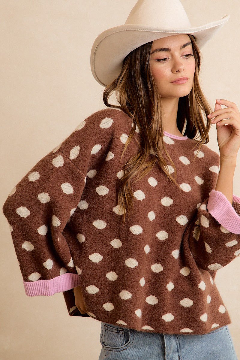 Double Take Contrast Trim Polka Dot Sweater - Westly