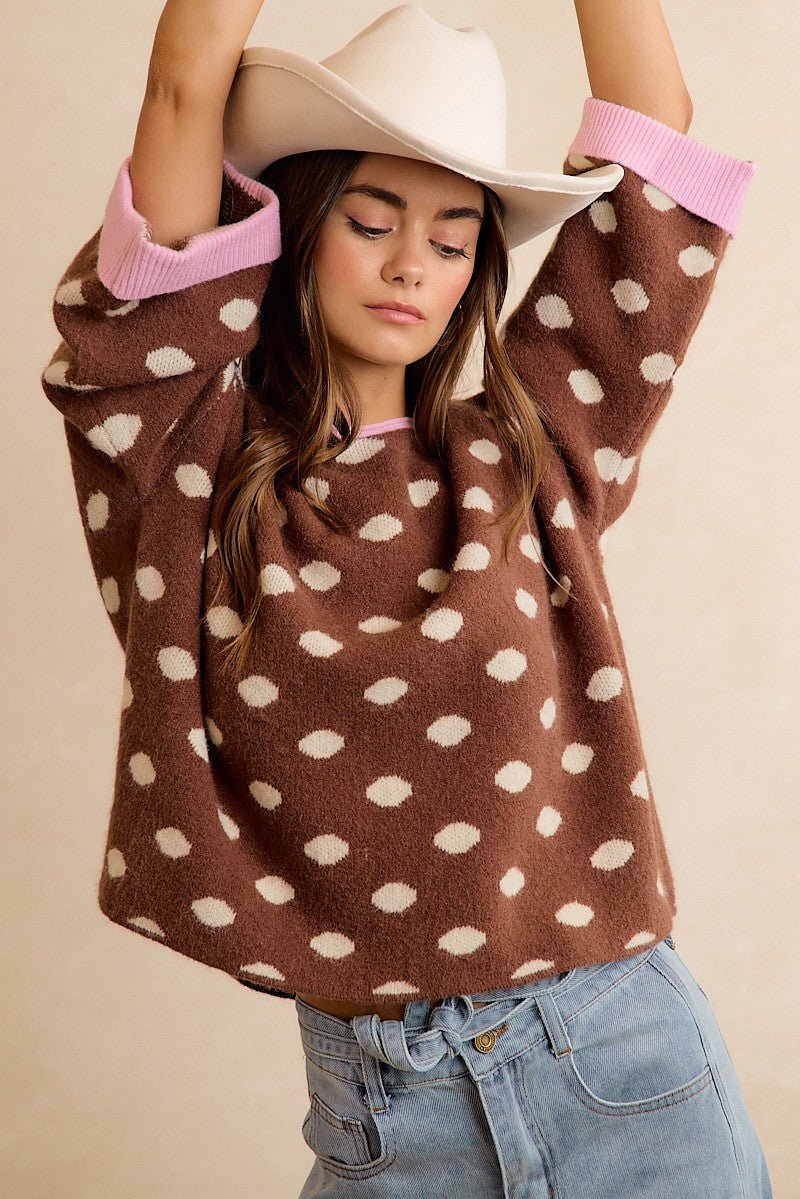 Double Take Contrast Trim Polka Dot Sweater - Westly
