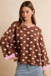 Double Take Contrast Trim Polka Dot Sweater - Westly