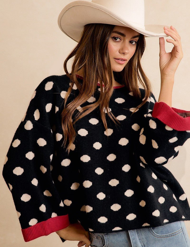 Double Take Contrast Trim Polka Dot Sweater - Westly