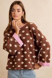 Double Take Contrast Trim Polka Dot Sweater - Westly