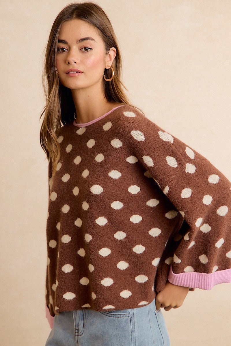 Double Take Contrast Trim Polka Dot Sweater - Westly