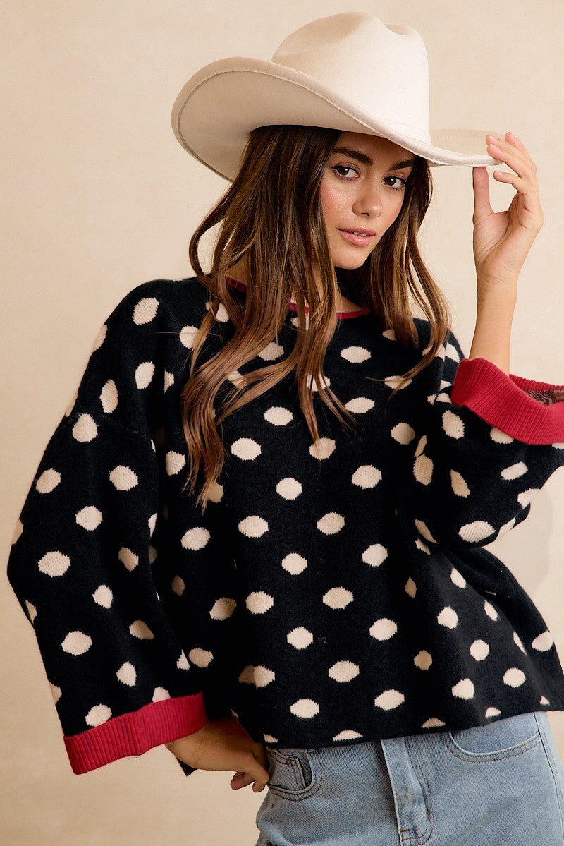 Double Take Contrast Trim Polka Dot Sweater - Black Red