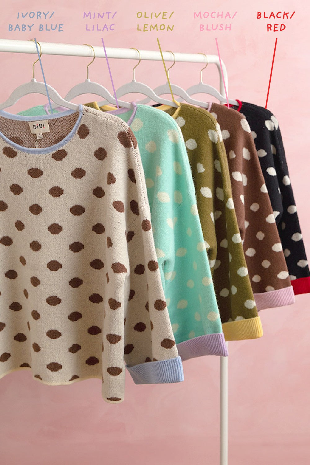 Double Take Contrast Trim Polka Dot Sweater - Ivory Baby Blue