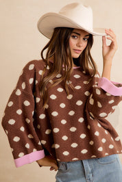 Double Take Contrast Trim Polka Dot Sweater - Mocha Blush