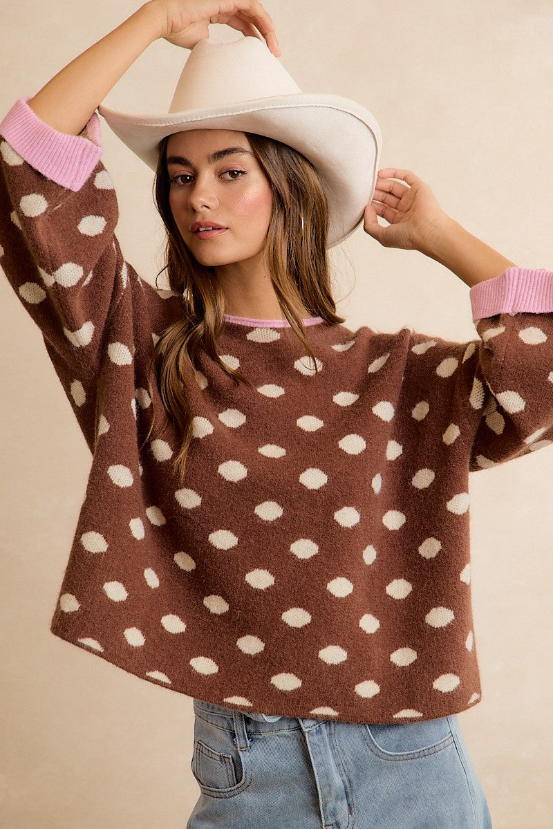 Double Take Contrast Trim Polka Dot Sweater - Mocha Blush