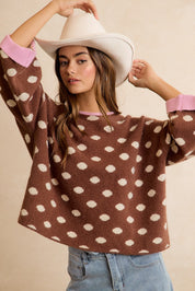 Double Take Contrast Trim Polka Dot Sweater - Mocha Blush