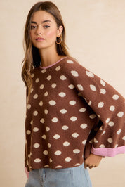 Double Take Contrast Trim Polka Dot Sweater - Mocha Blush