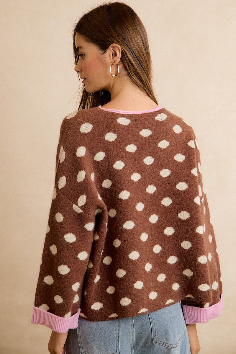 Double Take Contrast Trim Polka Dot Sweater - Mocha Blush