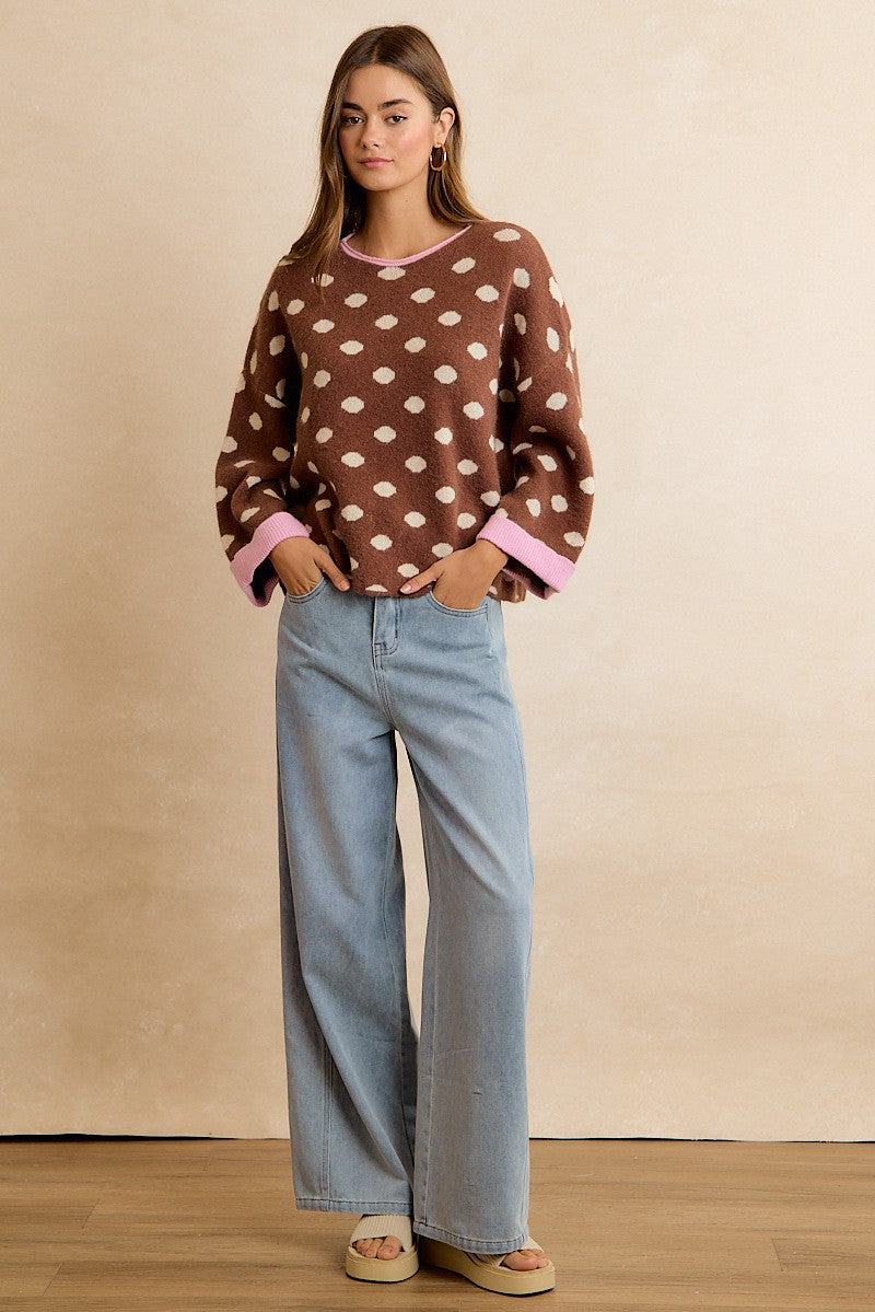 Double Take Contrast Trim Polka Dot Sweater - Mocha Blush