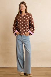 Double Take Contrast Trim Polka Dot Sweater - Mocha Blush