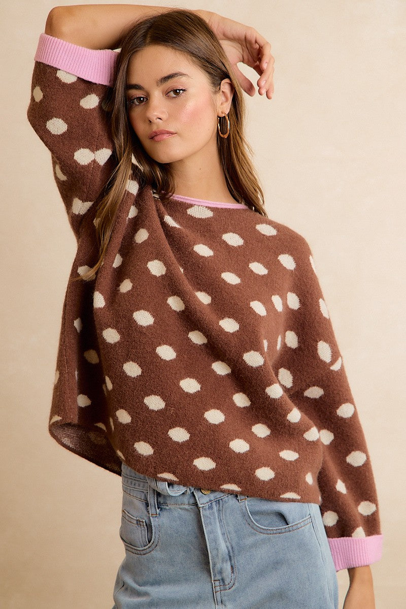 Double Take Contrast Trim Polka Dot Sweater - Mocha Blush