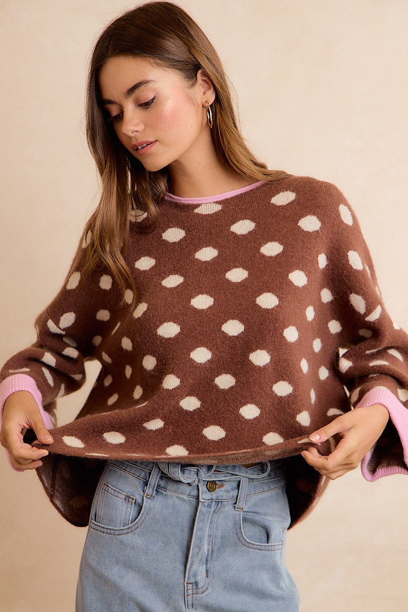 Double Take Contrast Trim Polka Dot Sweater - Mocha Blush