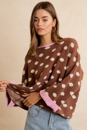 Double Take Contrast Trim Polka Dot Sweater - Mocha Blush