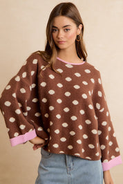 Double Take Contrast Trim Polka Dot Sweater - Mocha Blush