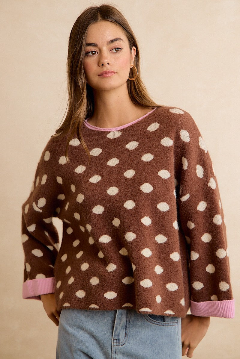 Double Take Contrast Trim Polka Dot Sweater - Mocha Blush