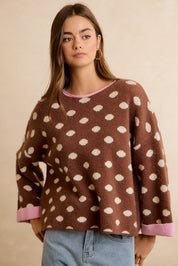 Double Take Contrast Trim Polka Dot Sweater - Mocha Blush