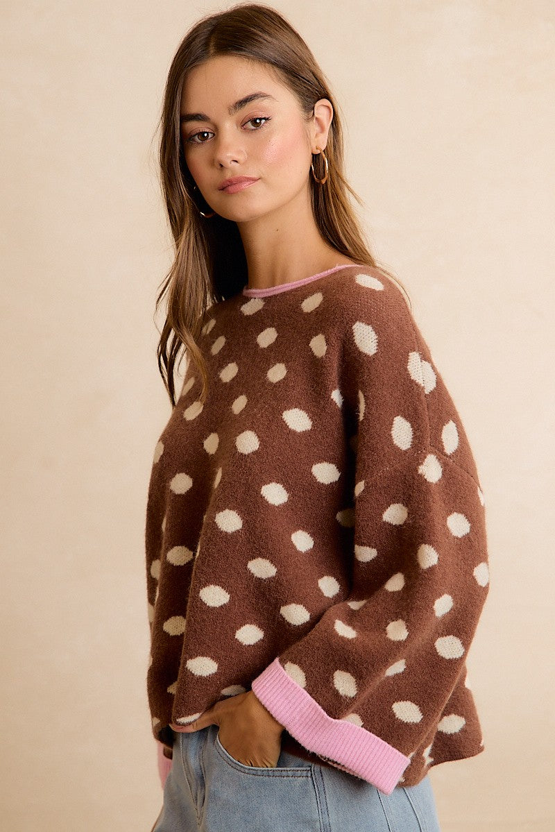 Double Take Contrast Trim Polka Dot Sweater - Mocha Blush