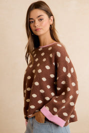 Double Take Contrast Trim Polka Dot Sweater - Mocha Blush